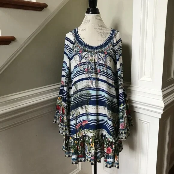 Camilla A-Line Frill Mini Dress Womens XS Blue Silk Floral Stripe Long Sleeve - Picture 4 of 14